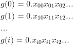 plot:\[\begin{gathered}
 
   g(0) =
 0.{x_{00}}{x_{01}}{x_{02}}... \hfill \\
 
   g(1) =
 0.{x_{10}}{x_{11}}{x_{12}}... \hfill \\
 
   ... \hfill \\
 
   g(i) =
 0.{x_{i0}}{x_{i1}}{x_{i2}}... \hfill \\ 
 
 \end{gathered} \]