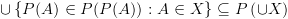 plot:\[ \cup \left\{ {P(A) \in P(P(A)):A \in X} \right\} \subseteq P\left( { \cup
 X} \right)\]