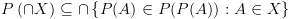 plot:\[P\left( { \cap X} \right) \subseteq  \cap \left\{ {P(A) \in P(P(A)):A \in
 X} \right\}\]