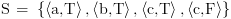 plot:\[{\text{S = }}\left\{
   {\left\langle {{\text{a,T}}} \right\rangle {\text{,}}\left\langle
   {{\text{b,T}}} \right\rangle {\text{,}}\left\langle {{\text{c,T}}}
   \right\rangle {\text{,}}\left\langle {{\text{c,F}}} \right\rangle }
   \right\}\]