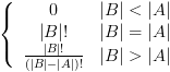 plot:\[\left\{ {\begin{array}{*{20}{c}}
 
    0 & {\left| B \right| <
 \left| A \right|}  \\ 
 
    {\left| B \right|!} & {\left|
 B \right| = \left| A \right|}  \\ 
 
    {\frac{{\left| B
 \right|!}}{{(\left| B \right| - \left| A \right|)!}}} & {\left| B \right|
 > \left| A \right|}  \\ 
 
 \end{array} } \right.\]