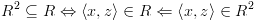 plot:\[{R^2} \subseteq R \Leftrightarrow \left\langle {x,z} \right\rangle  \in R
 \Leftarrow \left\langle {x,z} \right\rangle  \in {R^2}\]