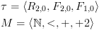 plot:\[\begin{gathered}
     \tau  = \left\langle
   {{R_{2,0}},{F_{2,0}},{F_{1,0}}} \right\rangle  \hfill \\
     M = \left\langle {\mathbb{N}, <
   , + , + 2} \right\rangle  \hfill \\ 
   \end{gathered} \]