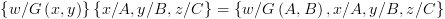 plot:\[\left\{
 {w/G\left( {x,y} \right)} \right\}\left\{ {x/A,y/B,z/C} \right\} = \left\{
 {w/G\left( {A,B} \right),x/A,y/B,z/C} \right\}\]