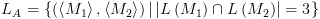 plot:${L_A}
      = \left\{ {\left( {\left\langle {{M_1}} \right\rangle ,\left\langle
      {{M_2}} \right\rangle } \right)|\left| {L\left( {{M_1}} \right) \cap
      L\left( {{M_2}} \right)} \right| = 3} \right\}$