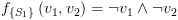 plot:${f_{\left\{
 {{S_1}} \right\}}}\left( {{v_1},{v_2}} \right) = \neg {v_1} \wedge \neg {v_2}$