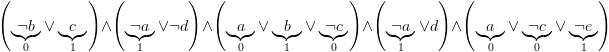 plot:\[\left(
 {\underbrace {\neg b}_0 \vee \underbrace c_1} \right) \wedge \left(
 {\underbrace {\neg a}_1 \vee \neg d} \right) \wedge \left( {\underbrace a_0
 \vee \underbrace b_1 \vee \underbrace {\neg c}_0} \right) \wedge \left(
 {\underbrace {\neg a}_1 \vee d} \right) \wedge \left( {\underbrace a_0 \vee
 \underbrace {\neg c}_0 \vee \underbrace {\neg e}_1} \right)\]