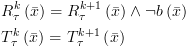 plot:$\begin{gathered}
 
   R_\tau ^k\left( {\bar x} \right) =
 R_\tau ^{k + 1}\left( {\bar x} \right) \wedge \neg b\left( {\bar x} \right)
 \hfill \\
 
   T_\tau ^k\left( {\bar x} \right) =
 T_\tau ^{k + 1}\left( {\bar x} \right) \hfill \\ 
 
 \end{gathered} $